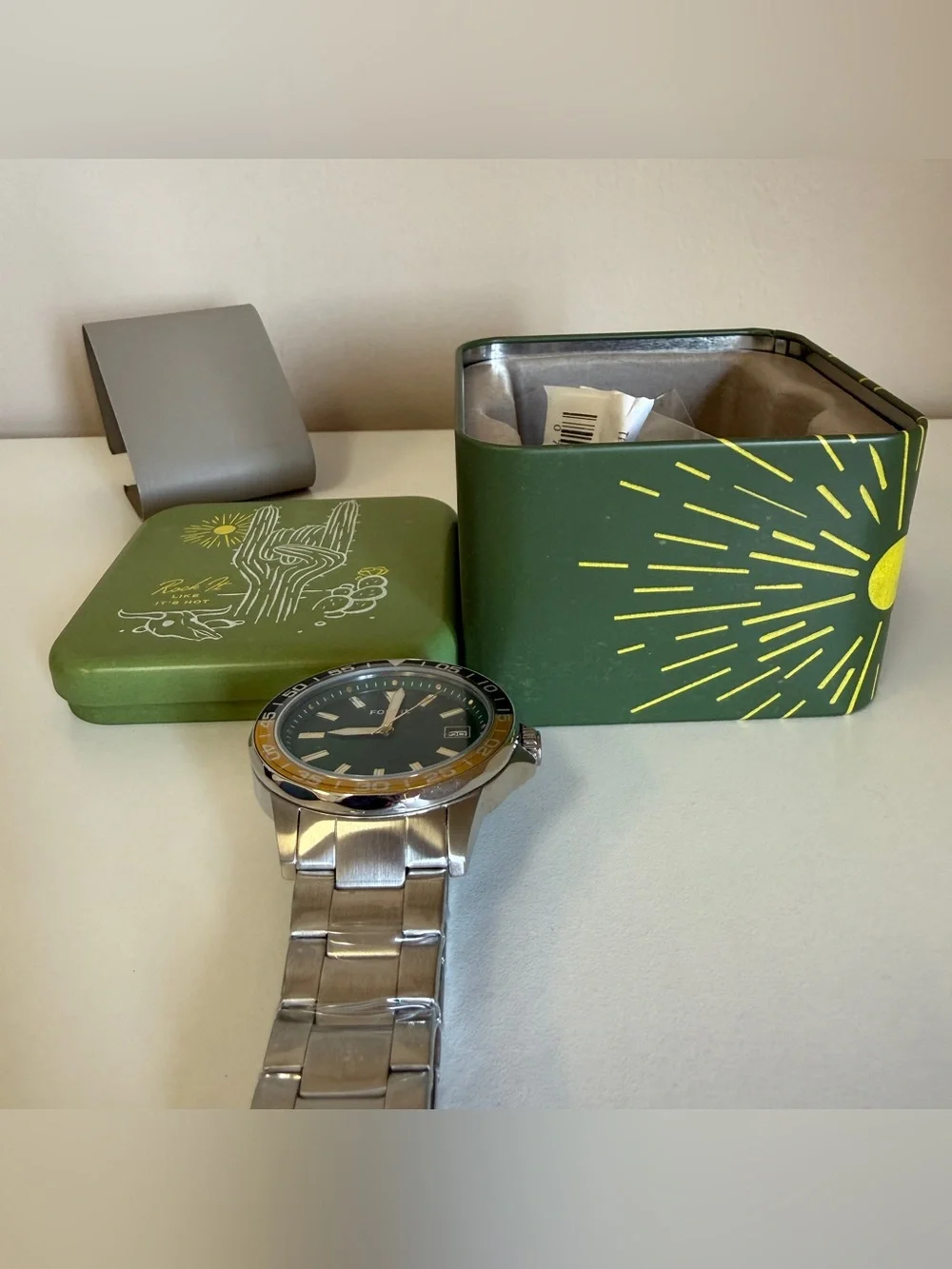 Fossil Men's Green Dial Stainless Steel Bracelet Watch with Yellow Accent BQ2506